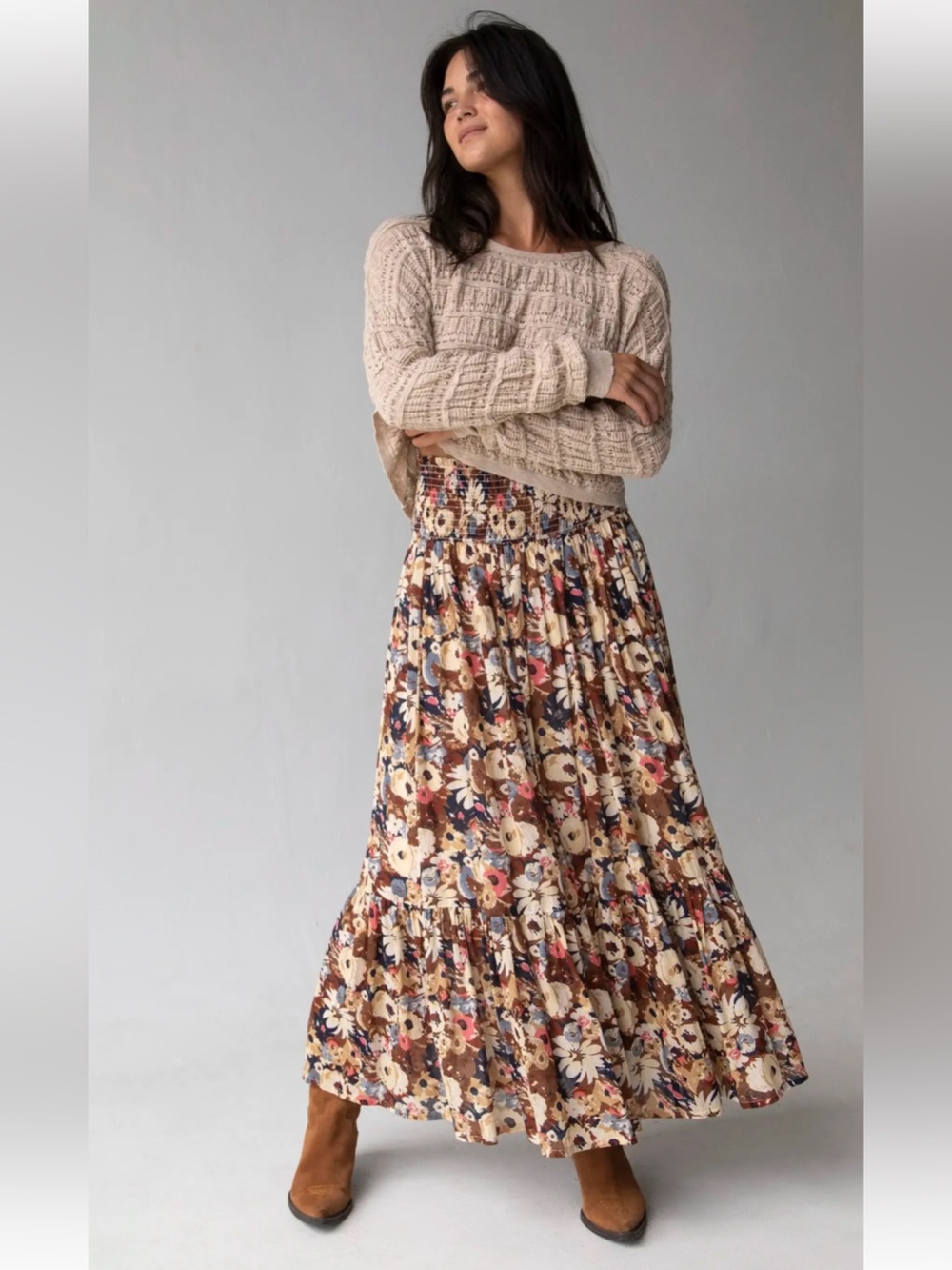 Natural Life Flora Convertible Maxi Skirt Brown Cream Floral Large